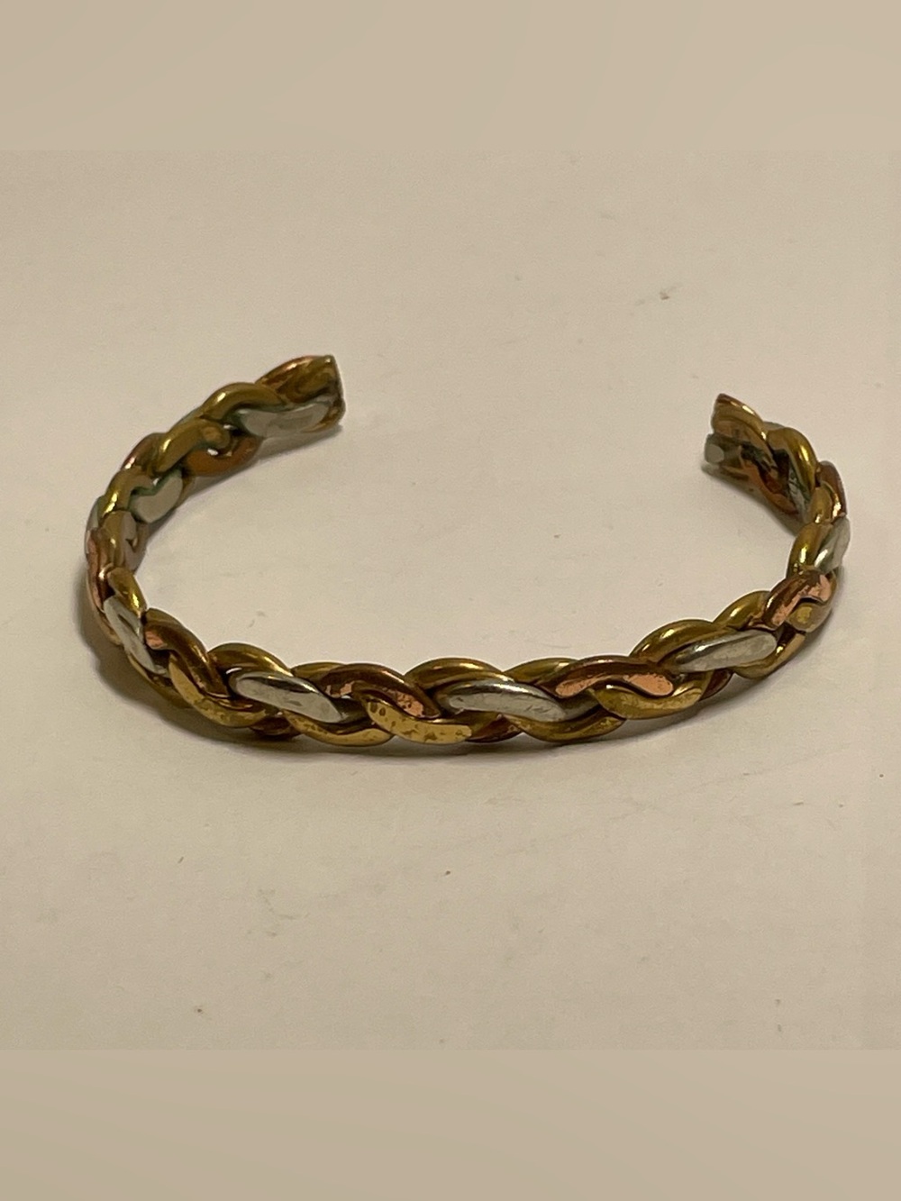 Vintage Artisan Crafted Braid Multicolor Tri Color Metal Coppery Cuff Bracelet